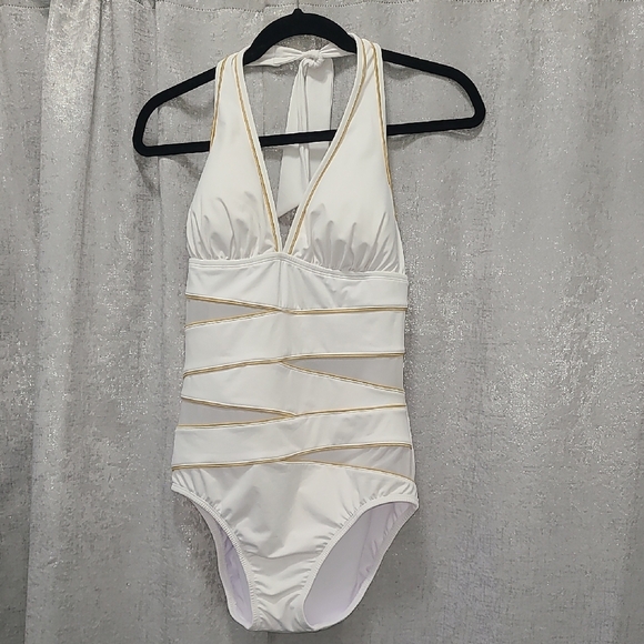 VENUS White Swimsuit with Gold Trim‎ SHEER ZIG ZAGS SZ 12 - Picture 2 of 10